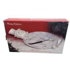 Godinger Snowman Marble Cheese Board Silver Plated w/ Knife Christmas Holiday